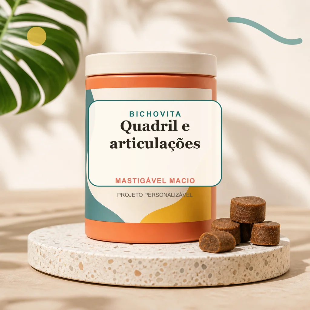 Quadril e articulações em mastigável macio, conceito de suplemento pet de marca própria Bichovita