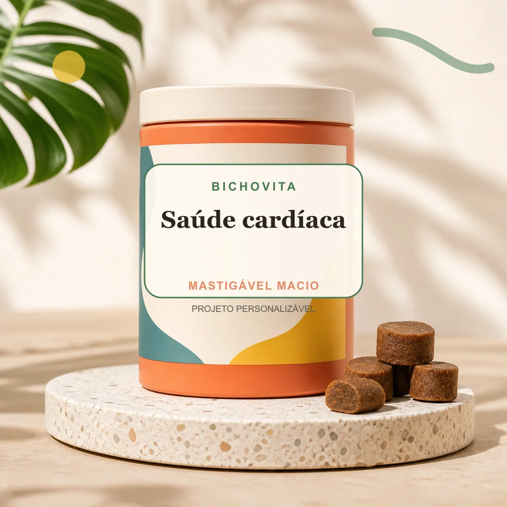 Saúde cardíaca em mastigável macio, conceito de suplemento pet de marca própria Bichovita