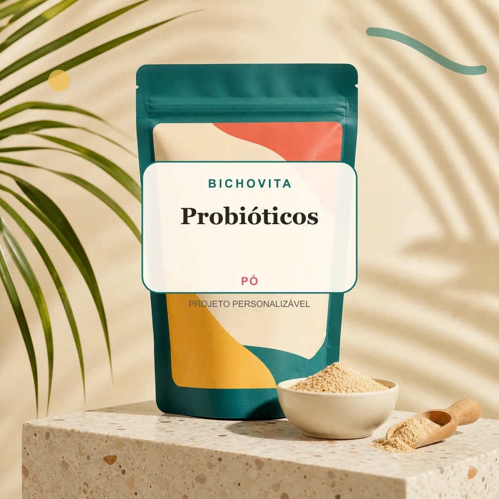 Probióticos em pó, conceito de suplemento pet de marca própria Bichovita